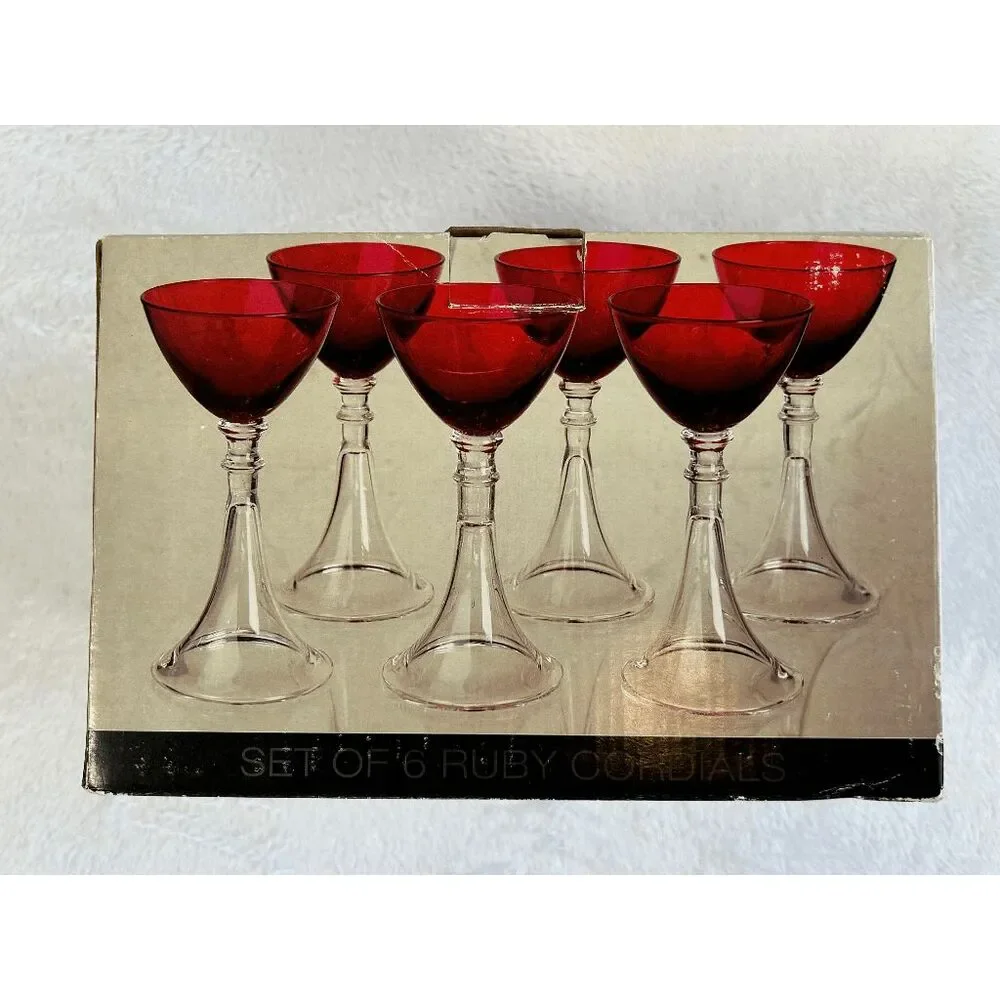 Artland Set of Six 2-ounce Cordial Glasses, Ruby Red w/ Clear Stems, In Box